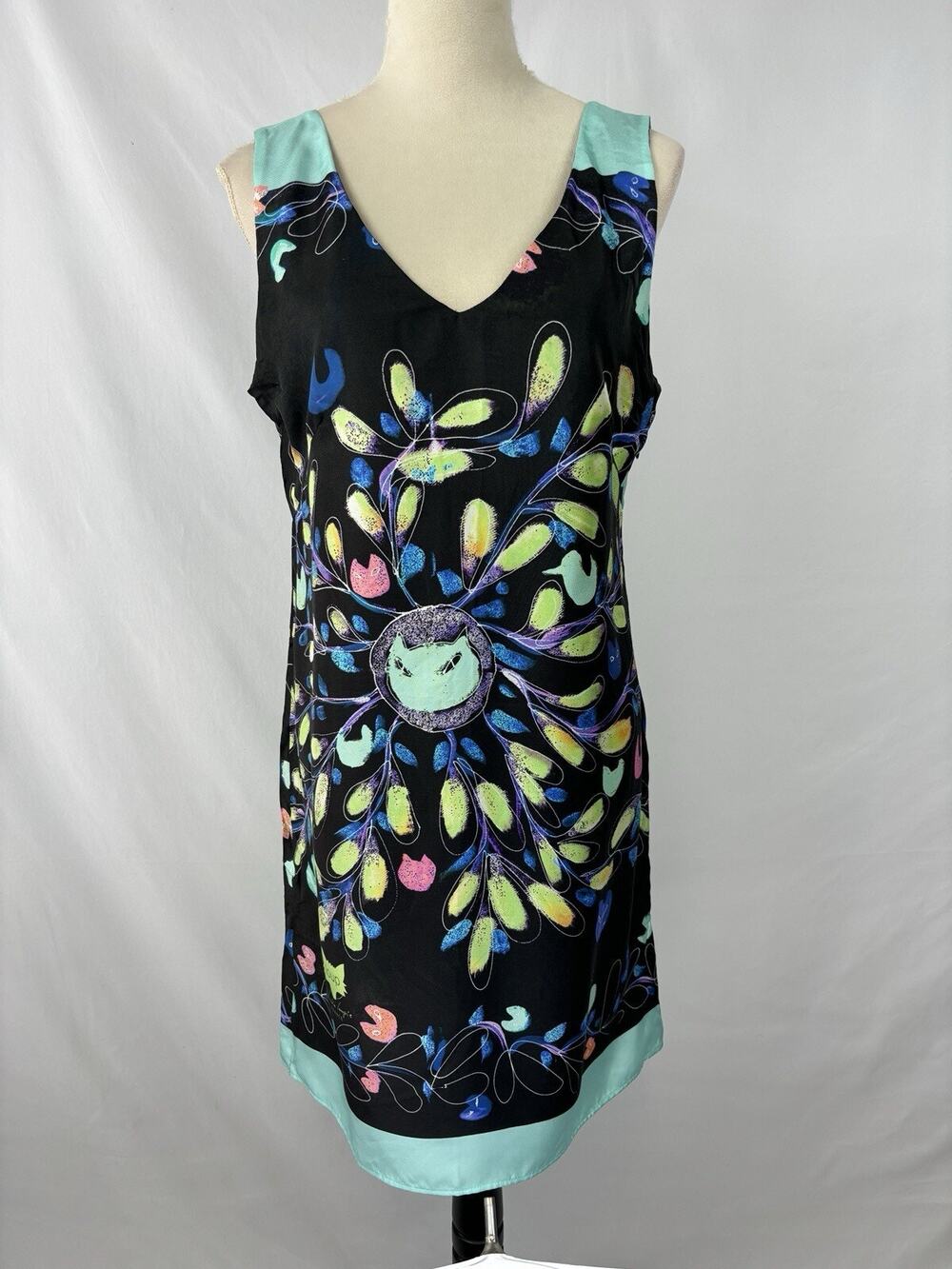 Loup Silk Dress 42 Black Bright Print V-neck Midi Side Zip Sleeveless French